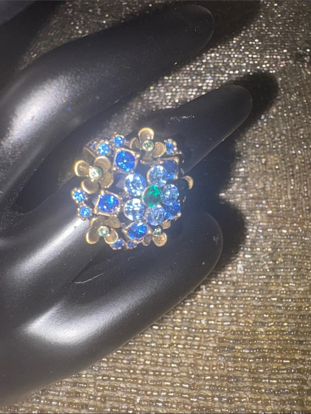 Vintage QVC Gold-Tone Floral Cocktail Ring with Blue and Green Crystals